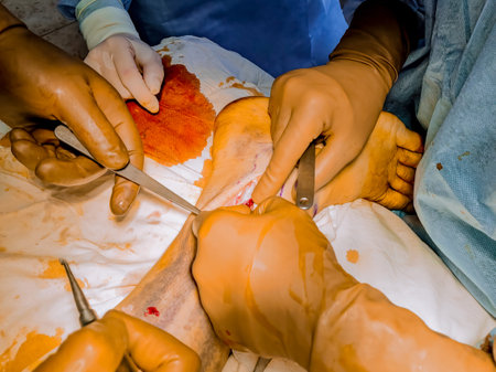 Doctors perform surgical procedure to place metal plate after leg fracture.