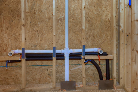 Under construction pvc waste water system rough plumbing for new homeの写真素材