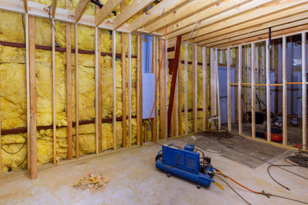 Integrating fiber cotton thermal insulation with mineral wool wall installation in construction buildingの写真素材