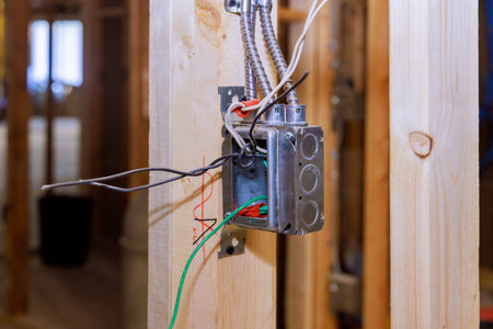 Under construction house interior electrical wall wiring with metal box for socket