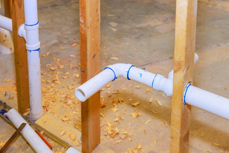 Constructing new house in wall PVC drain pipe system installationの写真素材