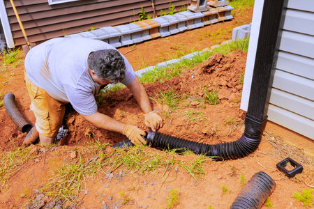 Installing downspout connector for flexible gutter extension drainage pipe with water draining down