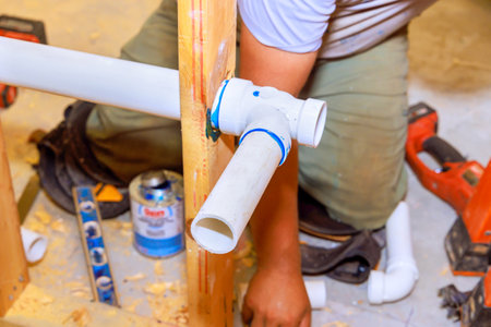 New house construction plumber installing drainage system in wall an new houseの写真素材
