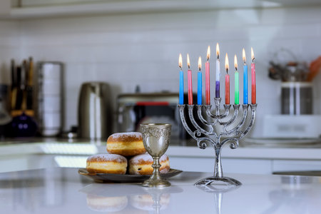 Hanukkah symbols on Hanukkiah Menorah are symbols of Jewish holiday Hanukkahの写真素材