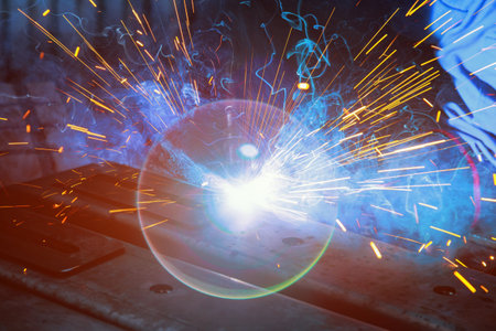 During welding, sparks are produced as argon gas is used to steel that smoke in factory