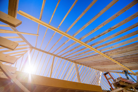 An construction of roof at new house construction, based on details wooden frame