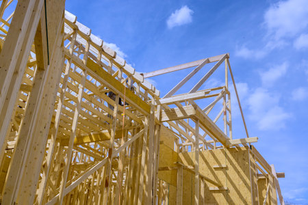 An example of framing beams at wooden framework of new house under construction