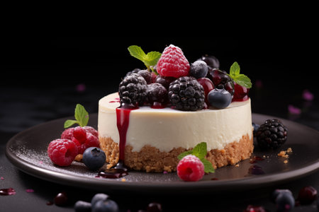 Classic plain New York Cheesecake slice is topped with fresh strawberries, raspberries, mint for healthy organic dessert. Generation AIの素材