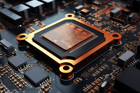 CPU processor unit chip can be seen in background of computer motherboard AI Generationの素材