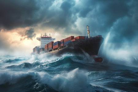 Container ship floats with ocean waves during strong wind large waves storm AI Generationの素材