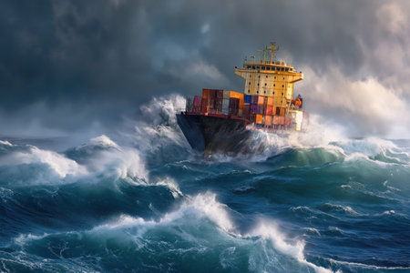 Ships carrying containers float on ocean surface during strong wind accompanied storm with splashing waves AI Generationの素材