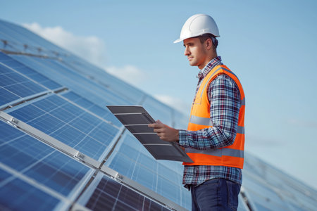 Electrical engineer in safety helmet, uniform, inspecting solar panels AI Generationの素材