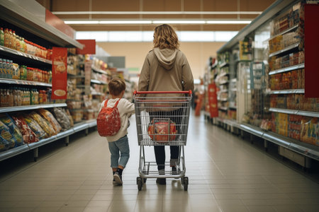Mother and her children are shopping for groceries at supermarket AI Generationの素材
