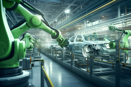 Robotic automatic arms machine works on assembly line during manufacture of automobiles an intelligent factory environment AI Generationの素材
