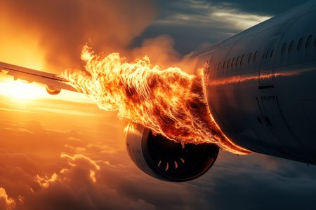 An airplane engine malfunctioned during flight, causing a fire to start on plane AI Generationの素材