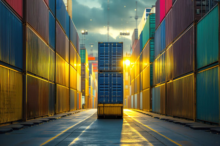Trucks transport containers on territory of vessel port terminal AI Generationの素材