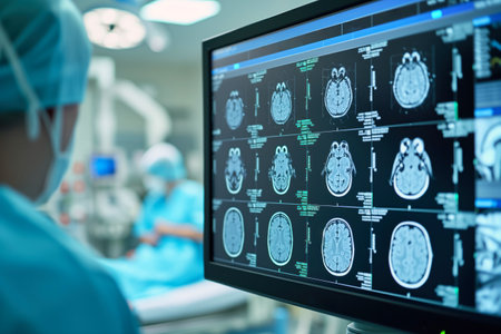 On comatose patient in an intensive care unit, brain tomography is performed AI Generationの素材