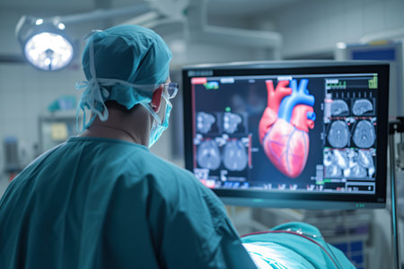 After heart attack, cardiologist examines heart of patient with an MRT scan in intensive care unit Generative AIの素材