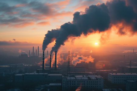 Occupational pollution caused by smoke coming from heavy industrial chimneys in industrial areas AI Generativeの素材