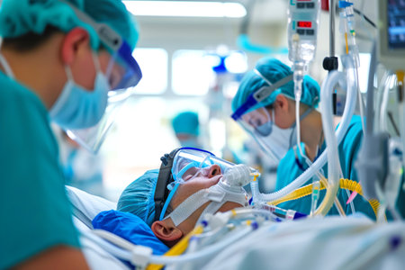 As patient in intensive care unit of an ICU hospital, patient is comatose AI Generativeの素材