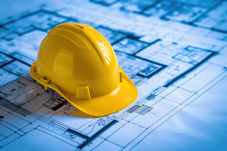 Architect has construction helmet a an architectural blueprint of house on his desk Generative AIの素材