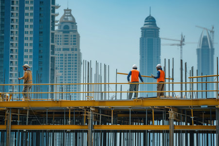 Building contractors work on construction site during construction of high rise apartments Generative AIの素材