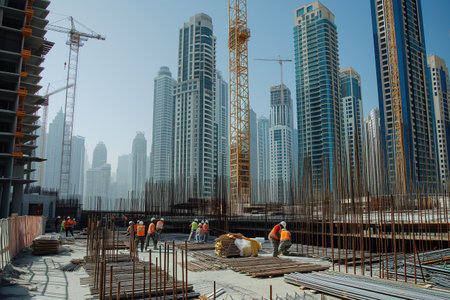 During construction of high rise apartments, builders work on construction site Generative AIの素材
