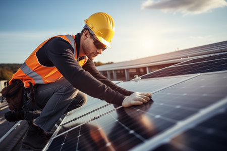 Photovoltaic solar panels are installed on roof of house by technician AI Generativeの素材