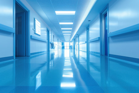 Interior of clinic is surrounded by a spacious, tranquil hospital hallway AI Generativeの素材