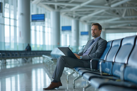 It is empty in airport terminal man is sitting with baggage near boarding gate as he waits for his flight AI Generativeの素材