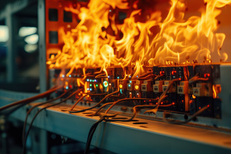 Due to short circuit and overload, an electrical panel caught fire AI Generativeの素材