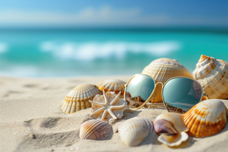 Relaxing beach vacation with sunglasses a seashells on sand Generative AIの素材