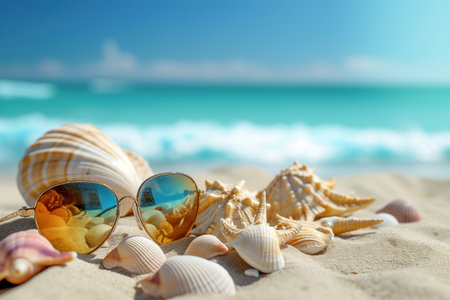 Beach vacation with sunglasses a seashells on sand Generative AIの素材
