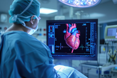 In intensive care unit room, physician examines heart of patient after he has had heart attack using Ct X Ray 3D scan Generative AIの素材