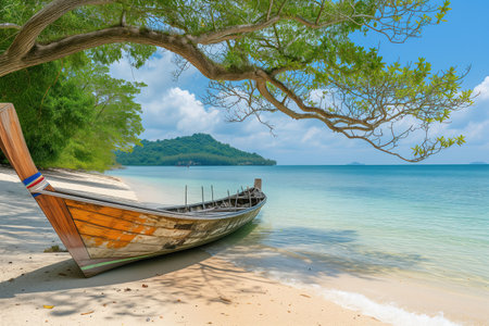 At shores of ocean, traditional long-tail wooden boat is seen in tropical seascape AI Generativeの素材