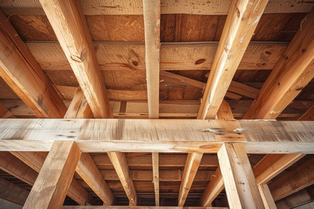 View of a newly home under construction with wood framing beams stick Generative AIの素材