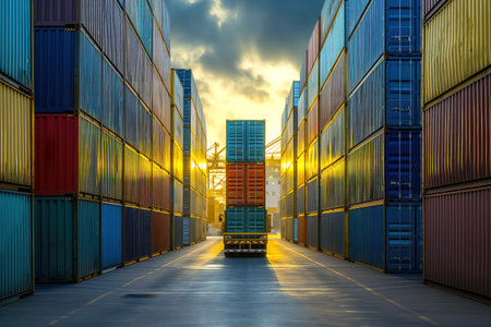 Containers are transported by trucks on premises of vessel port terminal AI Generationの素材