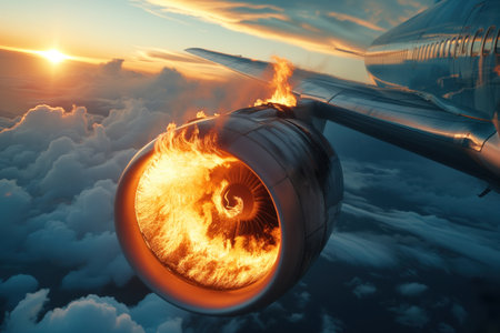An aircraft engine malfunctioned a caught fire while in flight AI Generationの素材