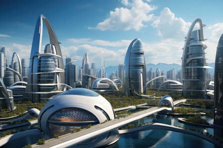 High modern skyscrapers with futuristic city architecture technologies AI Generativeの素材