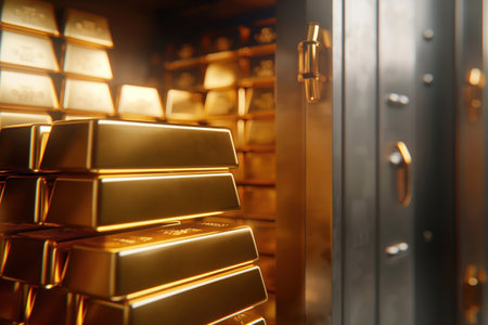 Bank vault containing large gold bars in protective environment Generative AIの素材