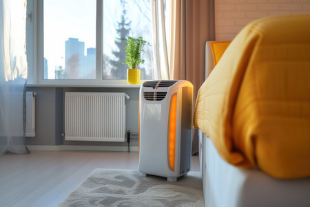 This is portable smart air ionizer purifier that uses activated carbon filters to create clean and fresh atmosphere in home Generative AIの素材