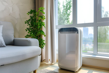 Portable air purifier with smart technology enhances indoor air quality. Generative AIの素材