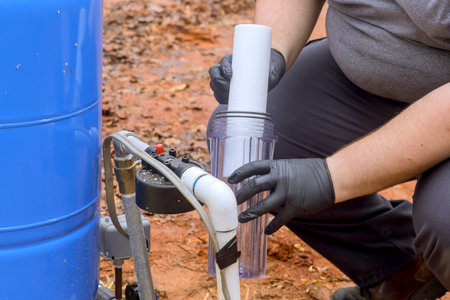 Installation of new water purification filter cartridge by maintenance servicemanの写真素材