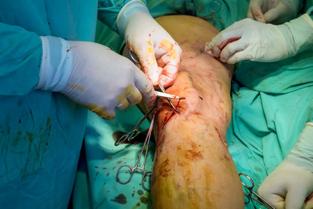 Patient leg injuries are treated through surgeries conducted by orthopedic a doctors.の写真素材