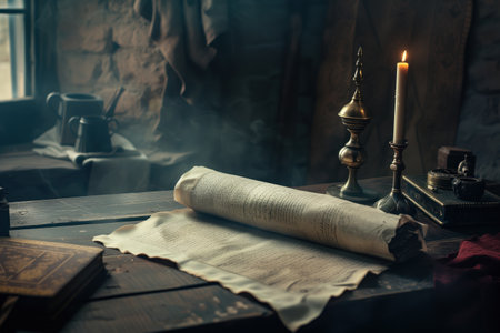 Desk table showcasing ancient papyrus a old torah scroll AI Generativeの素材
