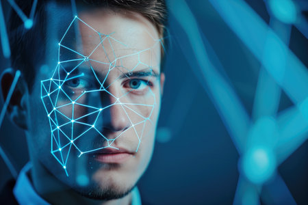 Use of biometric security identification for cyber online data protection relies on face recognition AI Generativeの素材