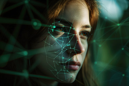 Biometric security system, which uses face recognition to identify individuals, is used for protection of cyber information online AI Generativeの素材
