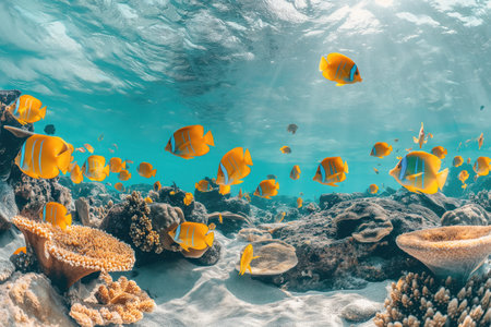 Marine life underwater landscape with colorful coral reef with tropical fish AI Generativeの素材