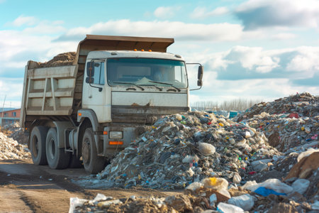 Recyclable garbage is collected from dump trucks after piles of garbage are deposited in large pile Generative AIの素材
