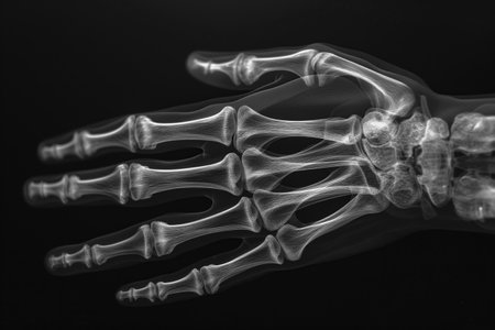 X-ray image depicts bones of human hand against black background AI Generativeの素材